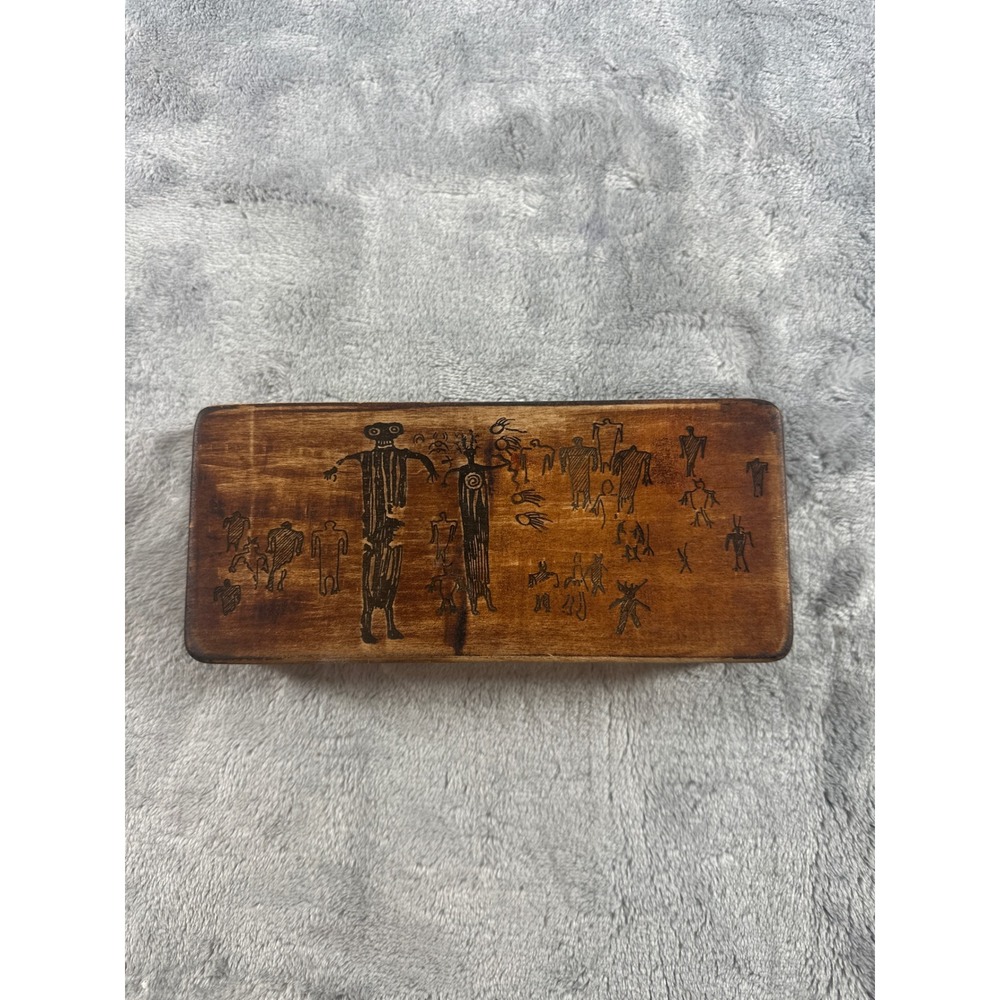 Vintage Wooden Trinket Box Petroglyph Burnt Wood Art Jewelry Keepsake Small